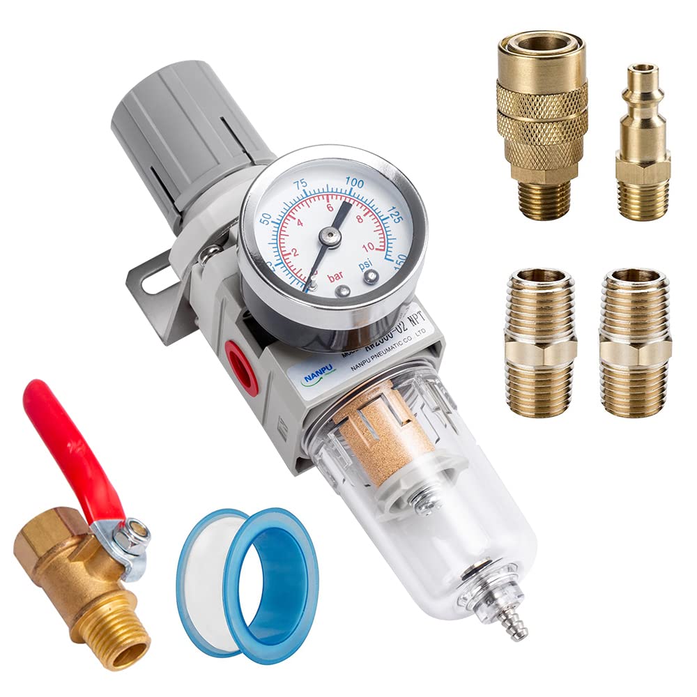 NANPU 1/4" NPT Compressed Air Filter Regulator Combo Piggyback, 5 Micron Brass Element, Poly Bowl, Semi-Auto Drain, Metal Bracket, 0-150 psi Gauge, Ball Valve