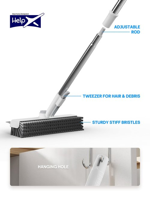 HelpX Floor Scrub Brush with Long Handle, 3 in 1 Scrape and Heavy-Duty Stiff Bristle Floor Scrubber Brush with Squeegee and Tweezer for Cleaning Tile Wall Deck Bathroom Patio Garage Kitchen (White)
