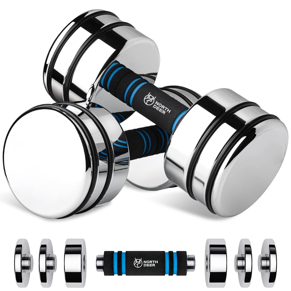 Adjustable Dumbbells Set 15lb Pair (7lb/10lb/12lb/15lb) Set of 2 Weight Set Chrome with Foam Handles Home Gym Workout Exercise (Standard-Finish 15lb×2)
