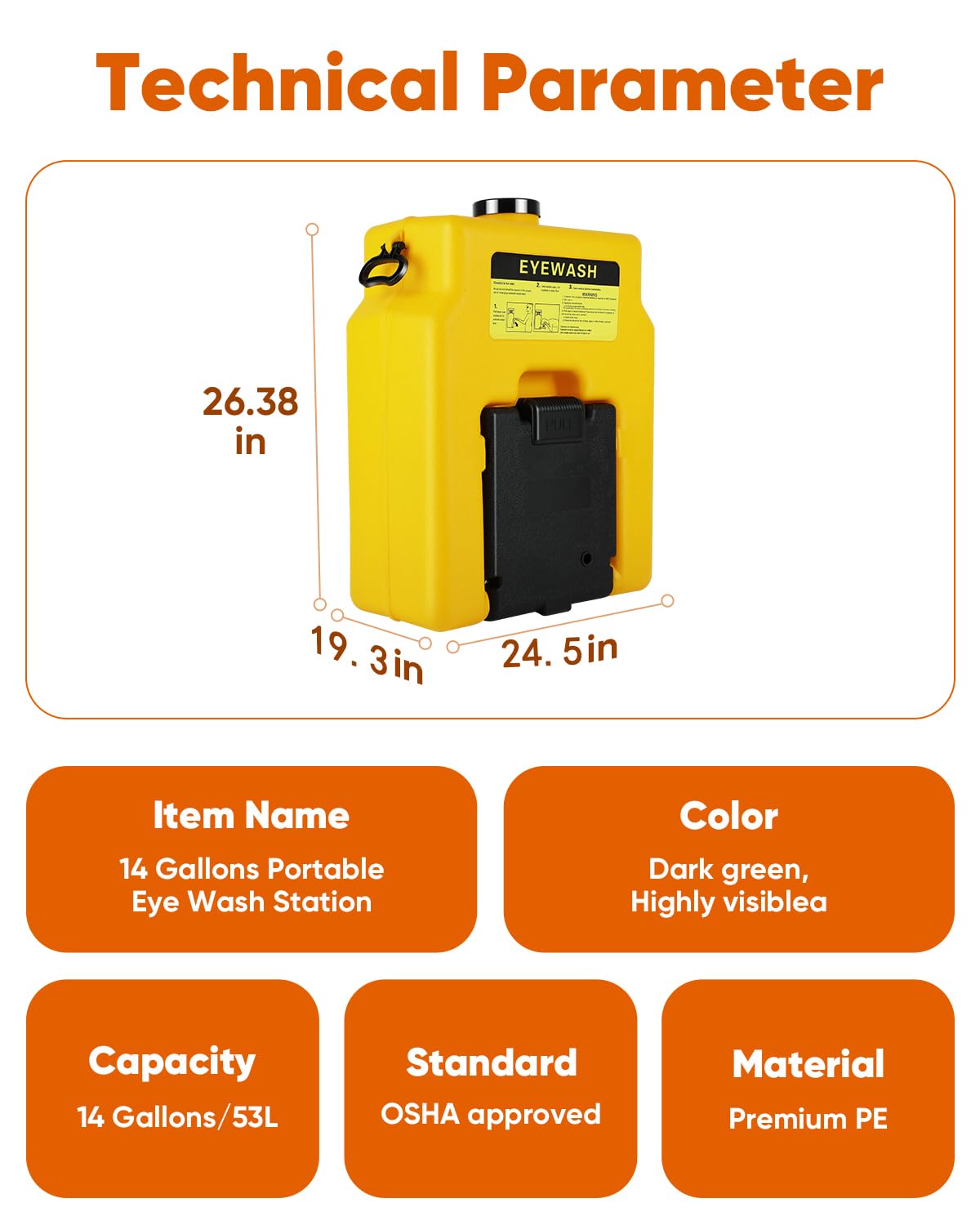 Portable Eyewash Station 14 Gallon with Wall Mount, OSHA Approved Gravity Fed Emergency Eye Wash Station, Heavy Duty Self Contained Unit for Industrial Worksites, Warehouses, Manufacturing