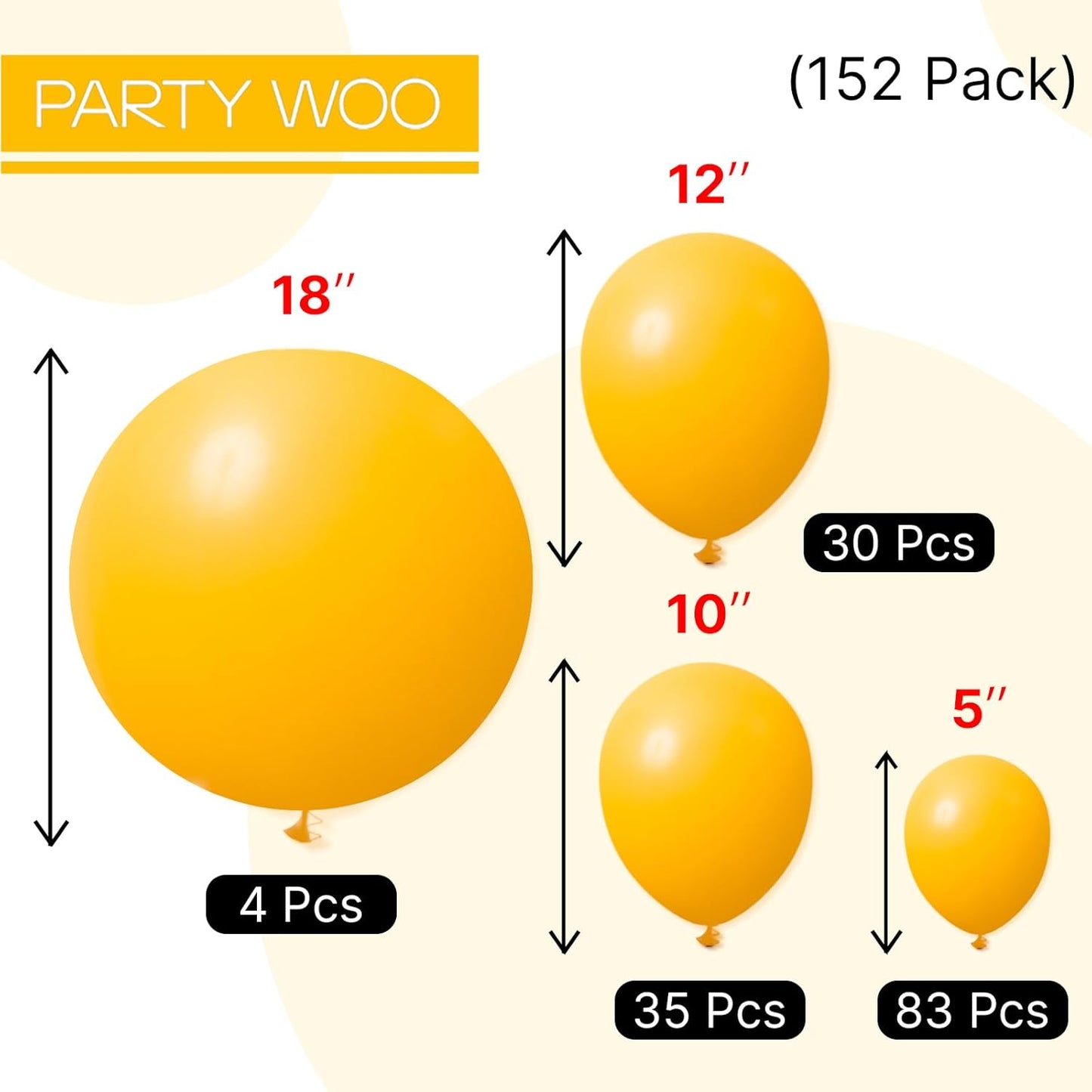 PartyWoo Mustard Yellow Balloons - 152-Piece Fall Balloon Arch Kit | 5-18 Inch Sizes for Birthday & Baby Showers