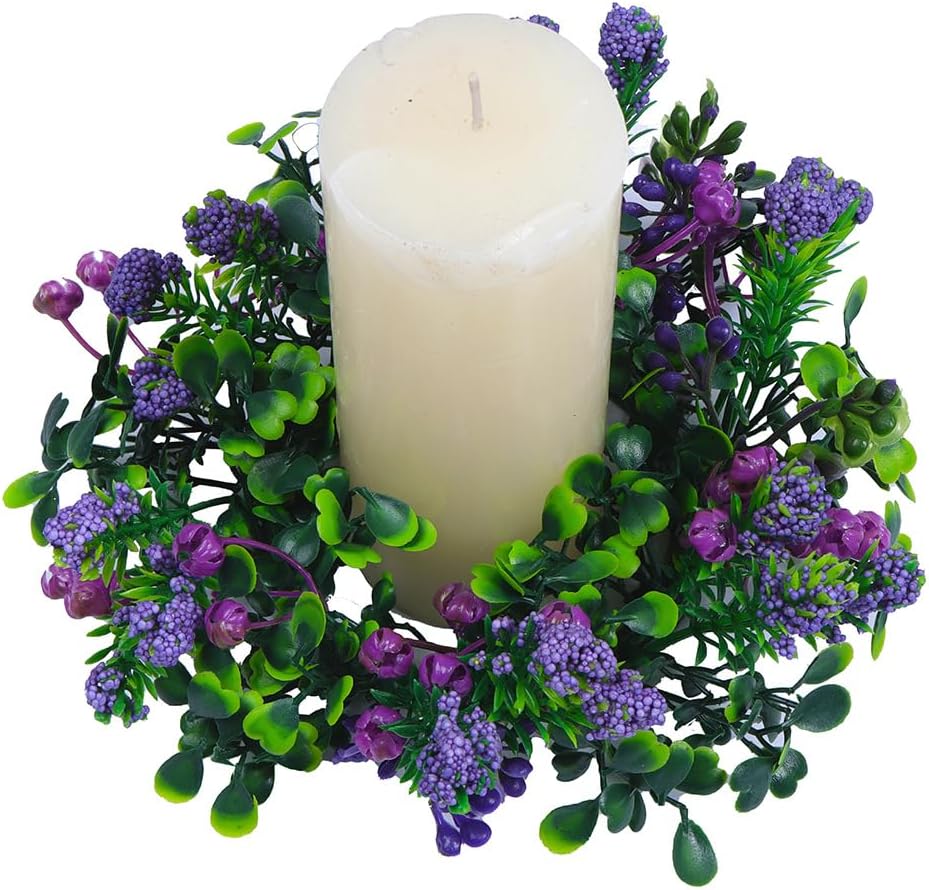 Skiennix 2-Piece Artificial Lavender Flower Wreaths - Eucalyptus Leaf Candle Rings for 3-Inch Pillar Candles | Purple Decor for Spring Weddings & Home