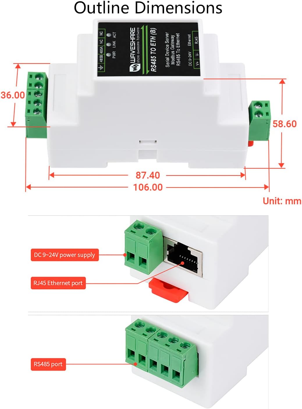 waveshare RS485 RJ45 Communication Ethernet Industrial Serial Server to Ethernet Module, TCP/IP to Serial, Support