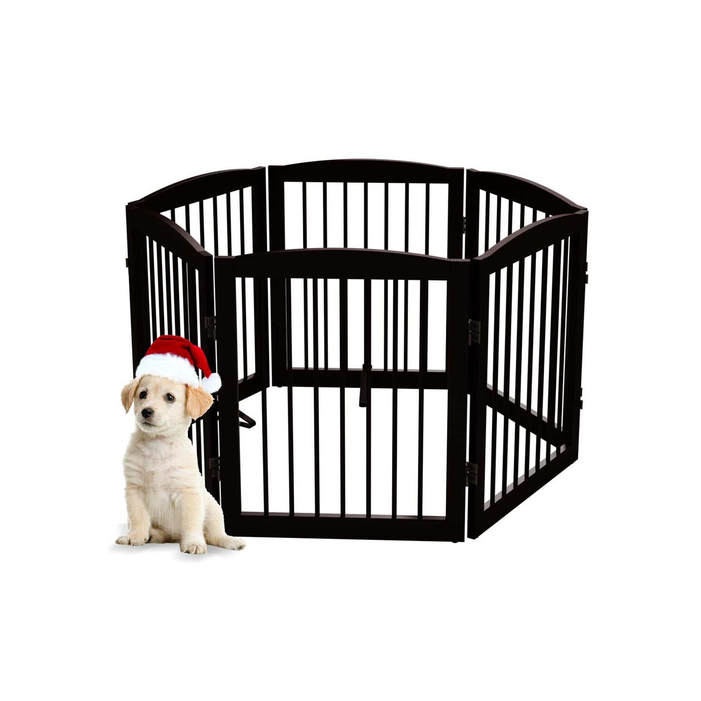 PUPETPO Freestanding Pet Gate for Dogs, Foldable Wooden Dog Gate for House, Extra Wide Indoor Pet Barrier for Stair, Doorway, Hall, Support Feet Included, 120 Inch Wide, 6 Panels 24", Brown