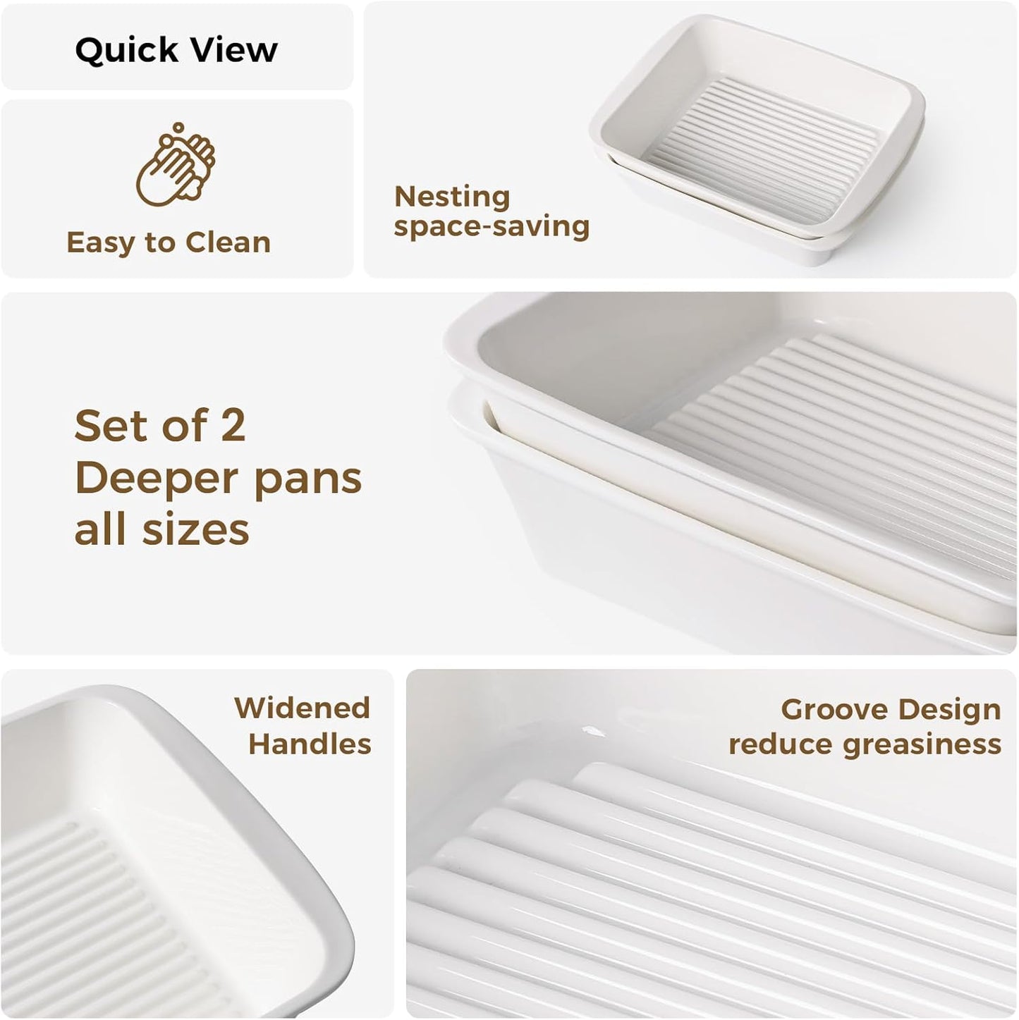 Regine Switzerland 9x13 Baking Dish Set of 2 - Porcelain Casserole Dish with Handles | Deep 3.75 Qt Bakeware, Microwave & Dishwasher Safe, White
