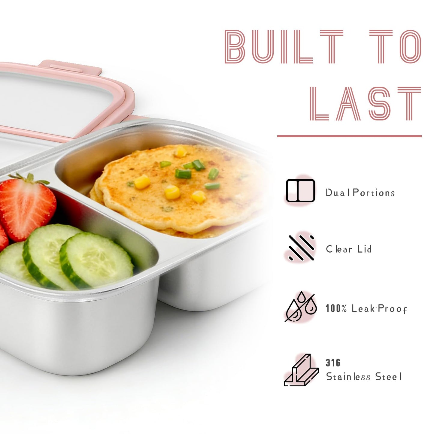 EC-Gaze 2 Pack 316 Stainless Steel Bento Box, 2-Compartment Microwave-Safe Metal Lunch Box, Leakproof Lunch Container for Work, On the Go (20oz/600ml Pink)
