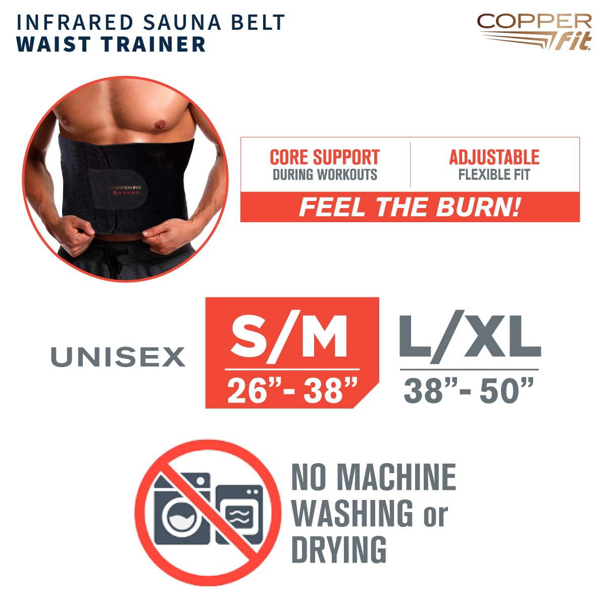 Copper Fit Infrared Sauna Belt – Waist Trainer for Men & Women – Increases Sweat & Supports Core – Adjustable Compression – Copper-Infused (Black, SM)