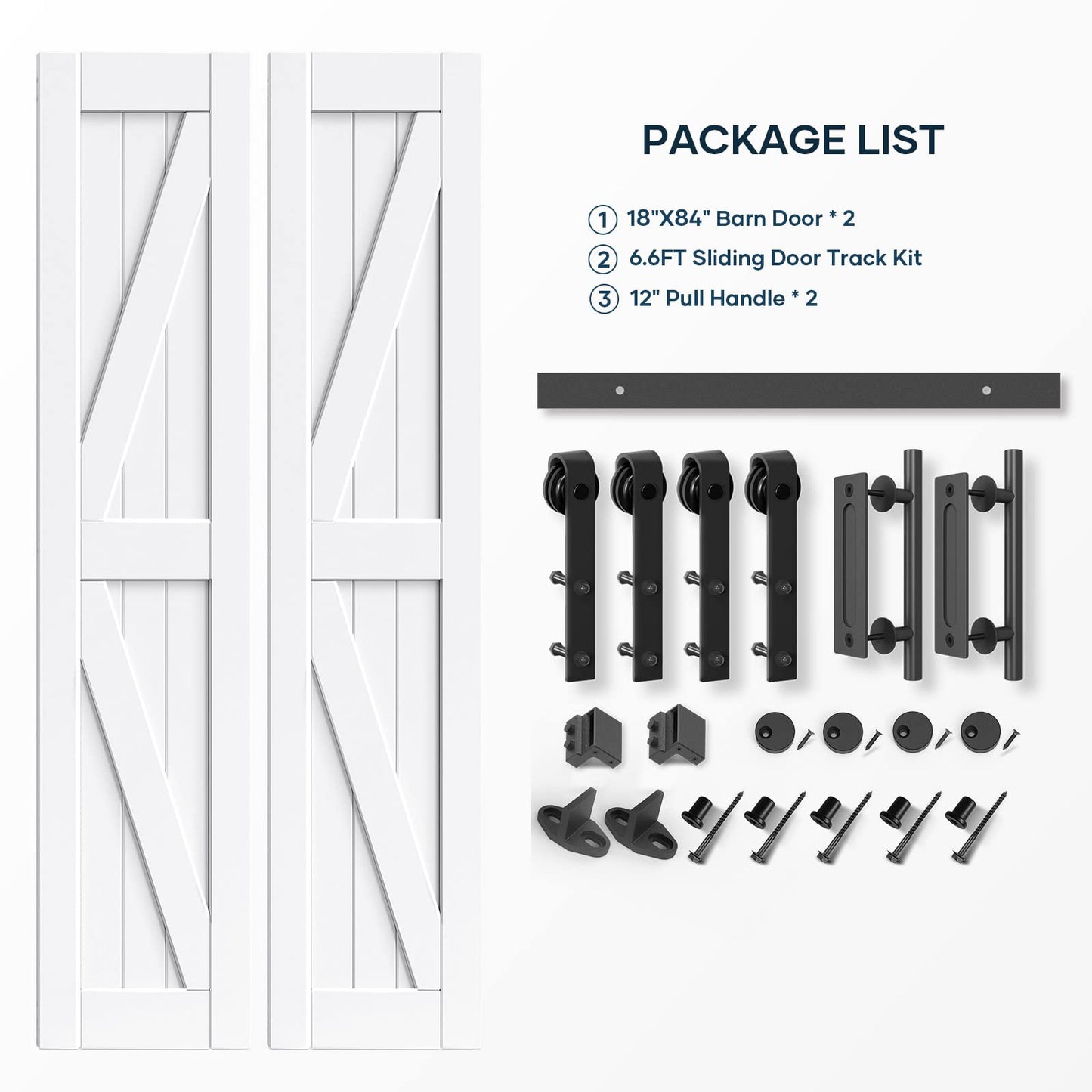 EaseLife 36in x 84in (Double 18in×84in Door) Barn Door with 6.6FT Sliding Door Hardware & Handle Included,DIY Assemblely,Easy Install,Water-Proof,Apply to Interior Exterior Rooms,K-Frame,White