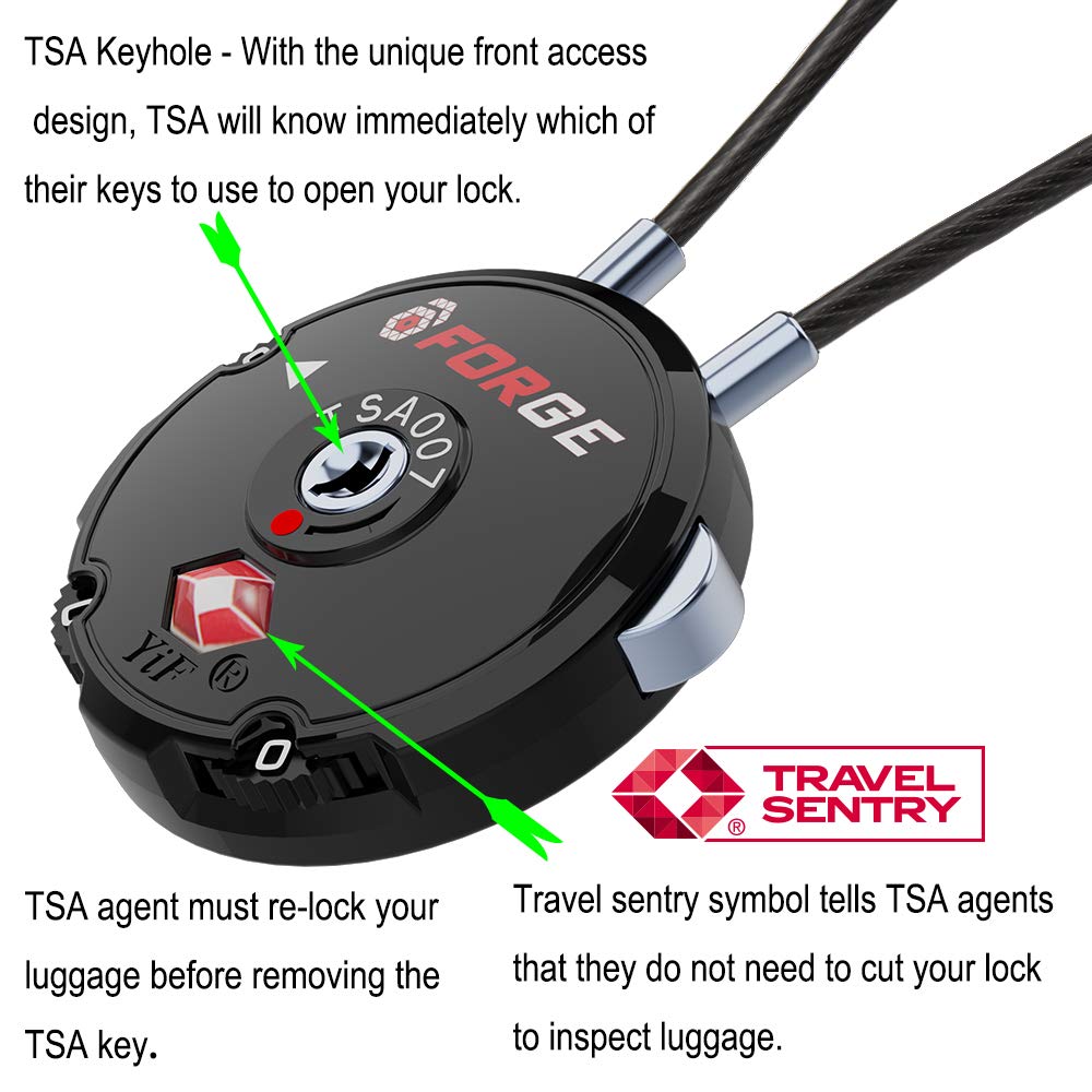 Forge Quality TSA Approved Luggage Locks for Travel Accessories, Suitcase, Pelican case, Ammo Boxes, Set Your own Combination, Zinc Alloy Body-Cable Black 2 Locks