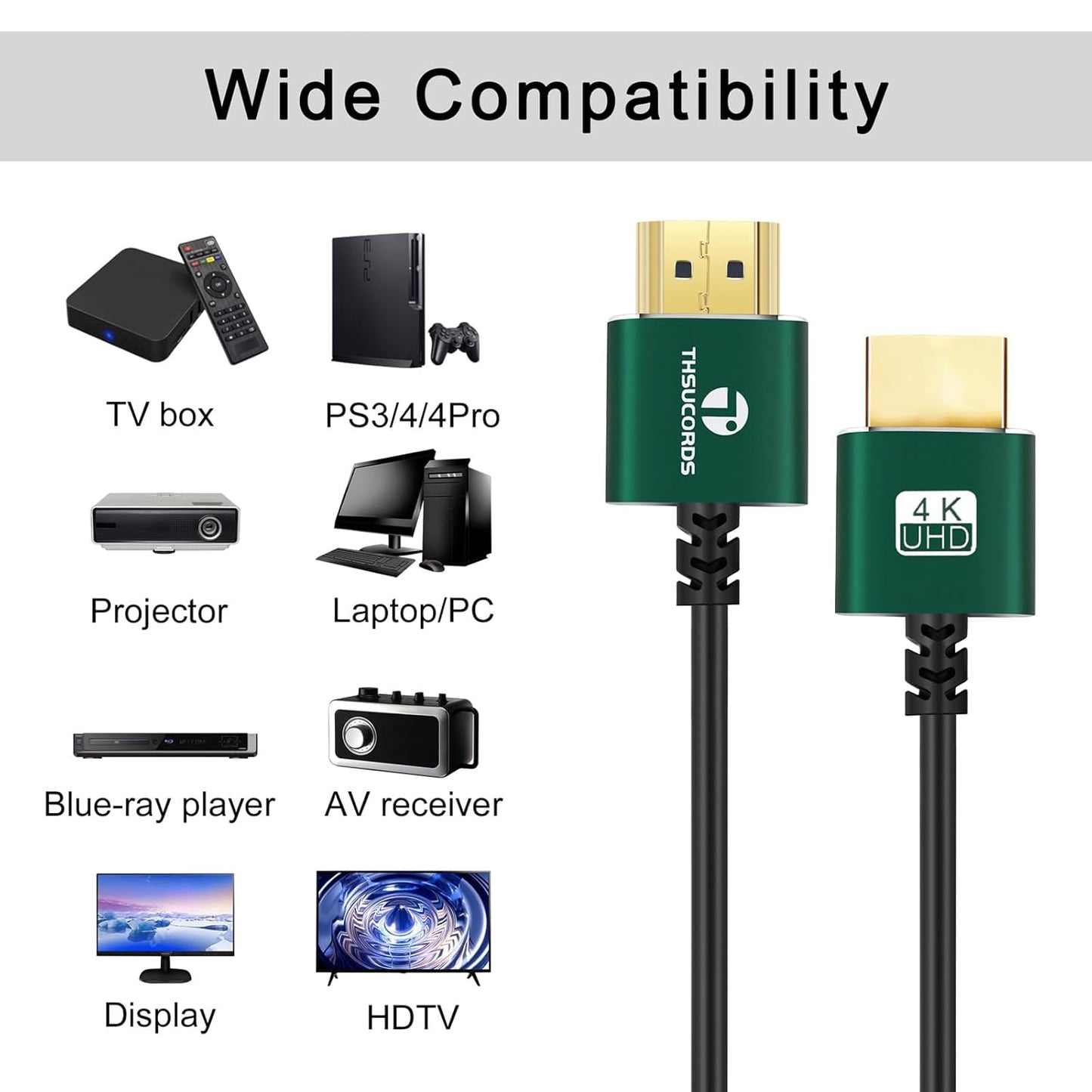 15FT, 4K@60Hz 18gbps 2160p 1080p Thsucords Slim HDMI Cables Ultra Soft & Thin HDMI to HDMI Cord, Extreme Flexible