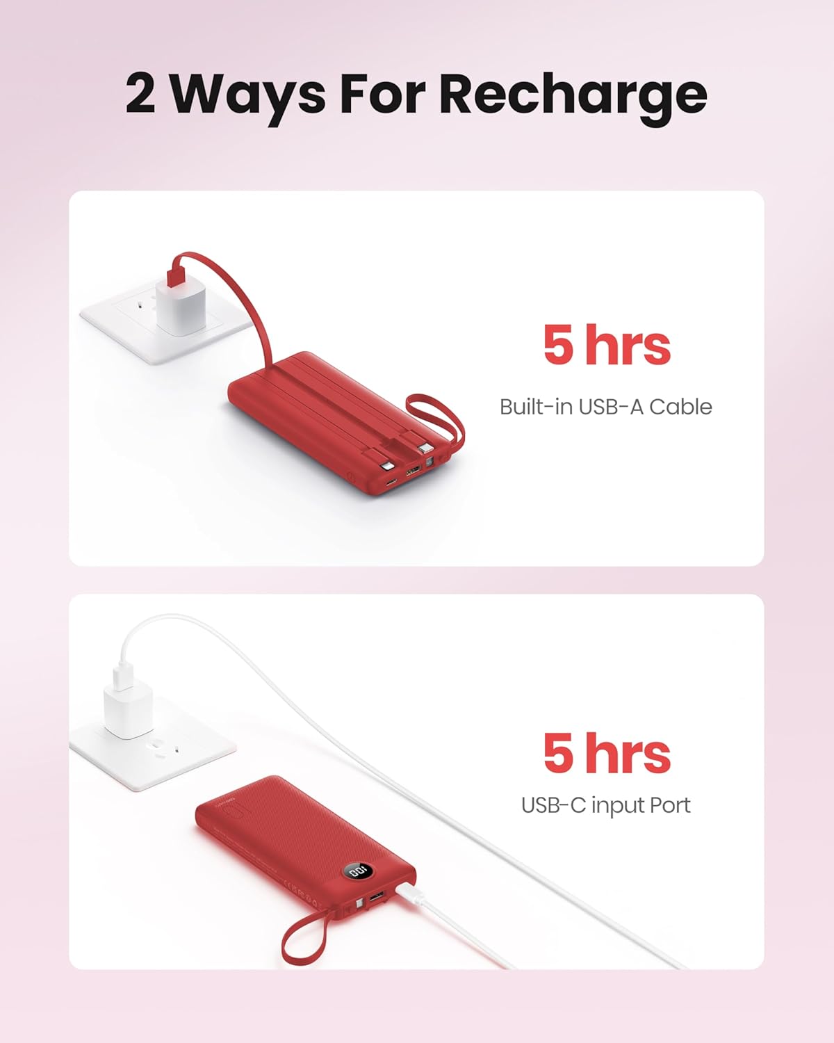 Coowisty Pack 10000mAh 5 2 Portable Charger Power Bank, External Battery with Cords Wires, Light Travel Essentials