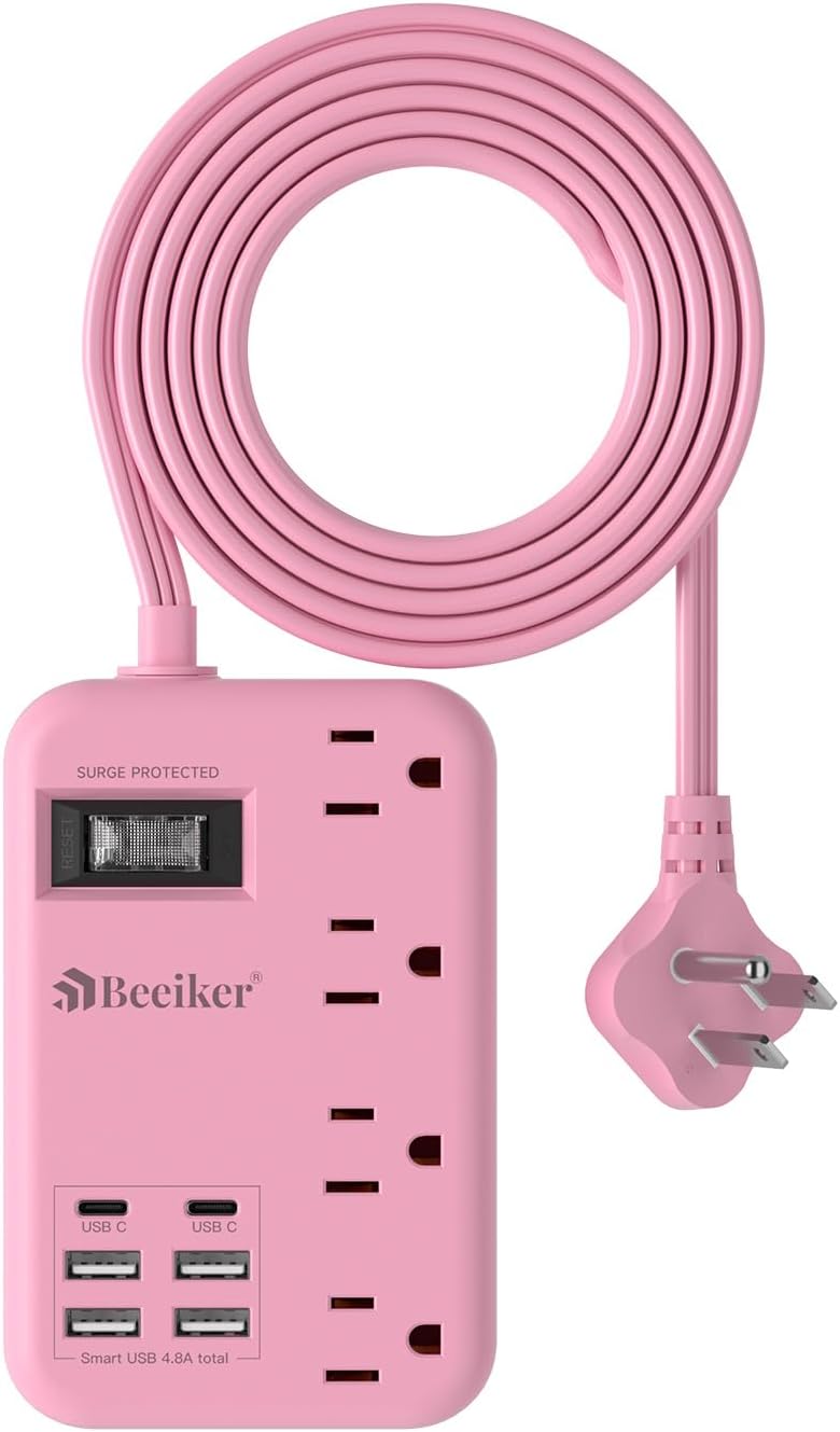 Beeiker 6 USB(2 5Ft 24W 4 USB C) Pink Extension Cord- Travel Power Strip with USB Charging Station and Outlets, Pink
