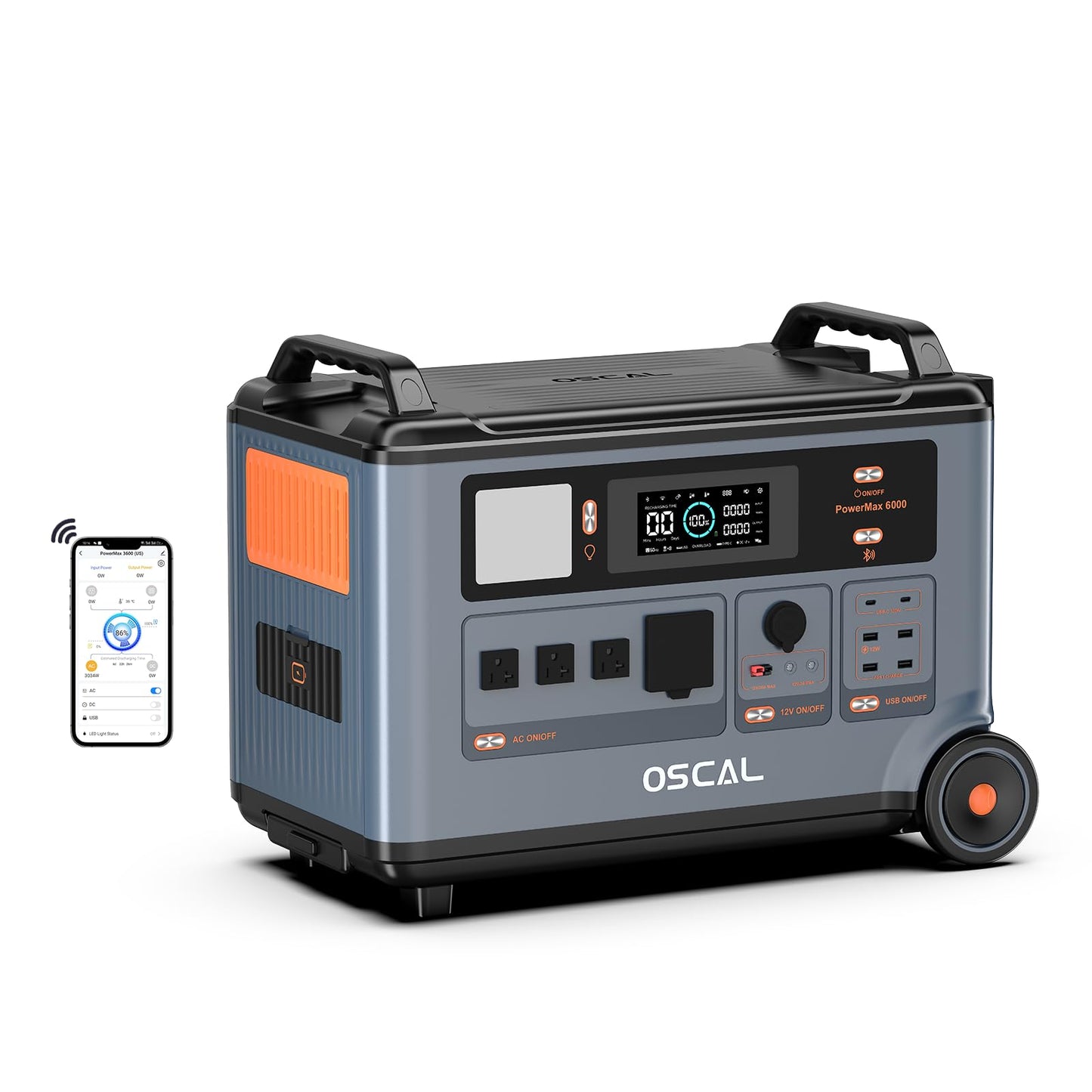 OSCAL PowerMax 6000 Solar Generator, 3600Wh LFP Battery Power Station, Expandable to 57.6kWh, 120/240V Split Phase Voltage 6000W AC Outlets (9000W Peak), 2200W/1.96H Fast Charging, Emergency for Home