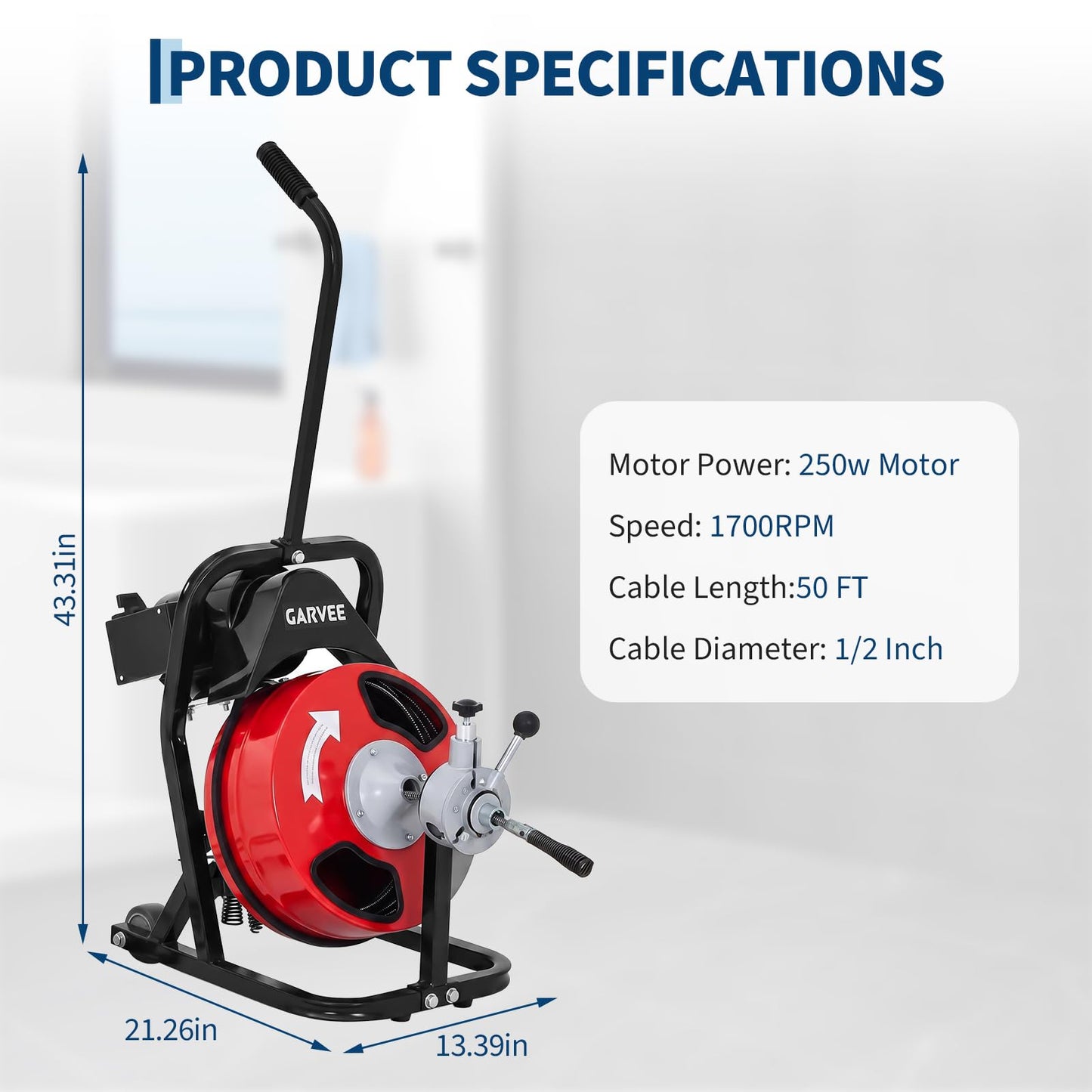 Garvee 50FT 1/2 Inch Drain Cleaner Machine with 250W Motor - Auto Feed Sewer Snake Auger, 4 Cutters, Air-Activated Foot Switch, Semi-Enclosed Drum for 2" to 4" Pipes