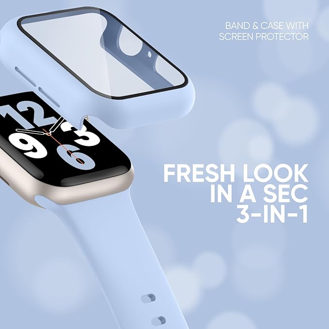 Compatible for Apple Watch Band 44mm 45mm and Case with Screen Protector, Soft Silicone Sport Strap Bands and Protective Cover with Tempered Glass for iWatch Series 9 8 7 SE 6 5 4
