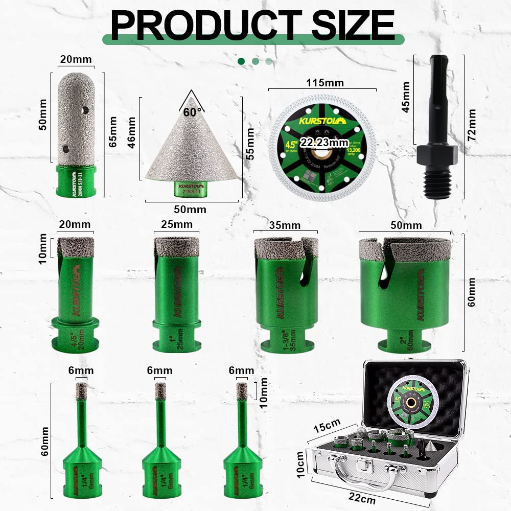 KURSTOL Diamond Core Drill Bits Kit - 6/6/6/20/25/35/50mm+2" Beveling Chamfer Bit+3/4" Finger Milling Bit+SDS Adapter to 58-11" Thread+4.5" Cutting disc for Porcelain Ceramic Tile Granite Marble