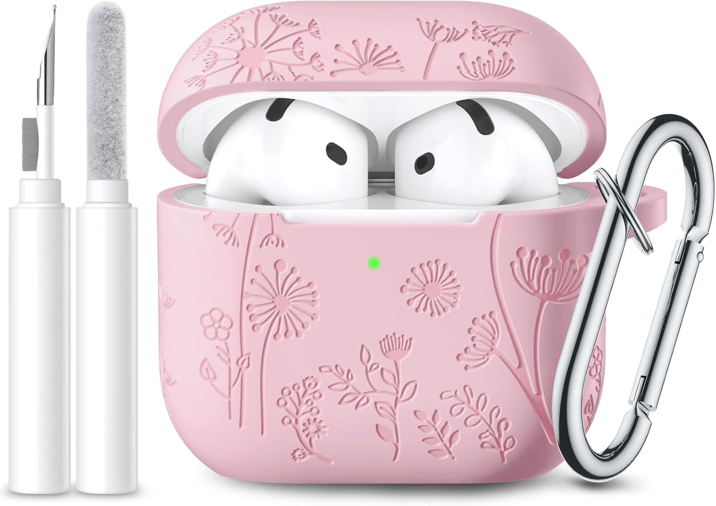 Lerobo 4 4 2024 for Airpods Case Cover with Cleaner Kit, Cute Flower Engraved Silicone Protective Case Cover