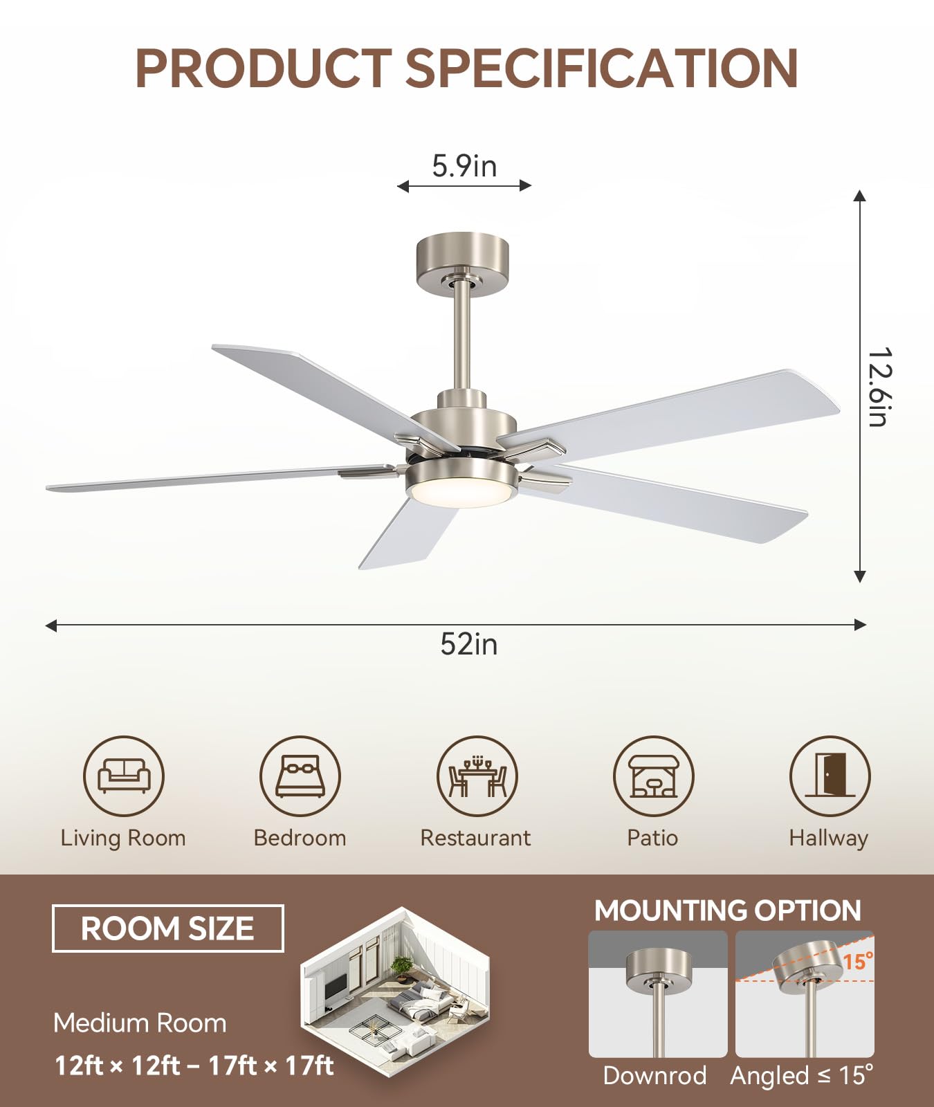 ZYD 52 Inch Brushed Nickel Ceiling Fan, Downrod Mount Brushed Nickel Ceiling Fan DC Motor 6-Speed Reversible, Quiet Ceiling Fans with Lights and Remote for Bedroom, Indoor & Covered Outdoor
