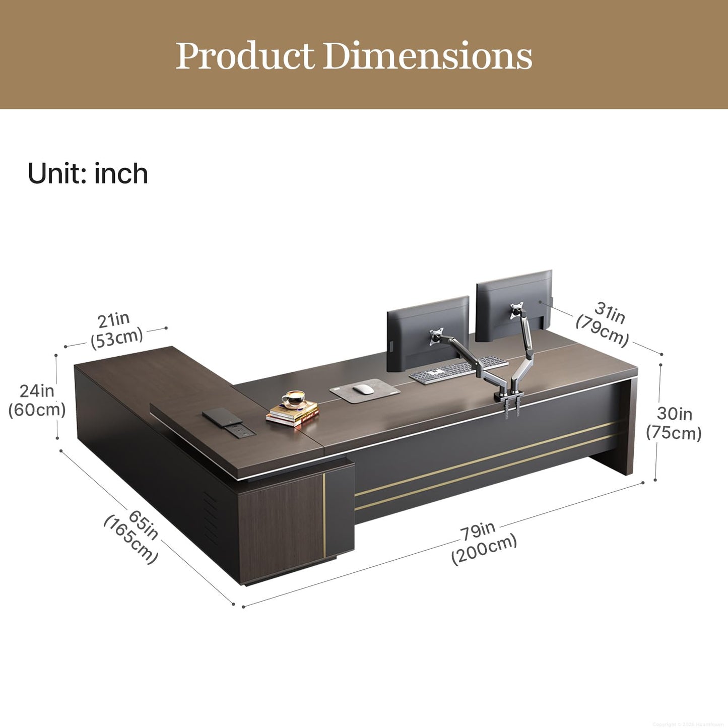 Huariifowm 79" L-Shaped Executive Desk with Reversible Return, Large Office Desk for Manager Office, Power Hub with USB-C HDMI RJ45, 3-Digit Lock Drawer, Storage Shelves and Privacy Panel, Gray Walnut