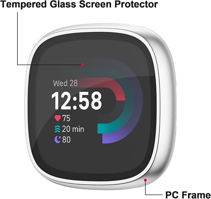 Vancle Case for Fitbit Versa 4 / Fitbit Sense 2, 4-Pack Screen Protector Tempered Glass Full Around Hard PC Case with Sensitive Touch Film Protective for Fitbit Sense 2 / Versa 4(Black + Transparent + Silver + Rose Gold)