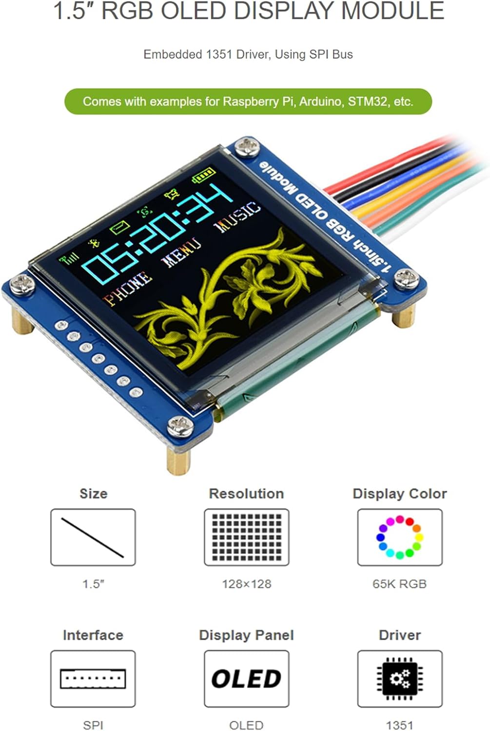 Wonrabai 1.5inch 128128 65K 5/ 4B/ 3B+ Pi3B/ 2W/Arduino/STM32, RGB OLED Display Module Pixels, RGB Display Colors, SPI