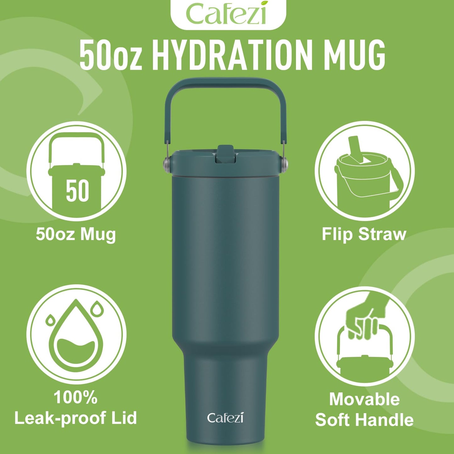 Cafezi 50 oz Insulated Tumbler with Straw, Stainless Steel Water Bottles with Flip Straw and Top Handle, Leak Proof Flip, No Sweat, Fits in Cup Holder, Vacuum Insulated Cup for Home, Outdoors, Car