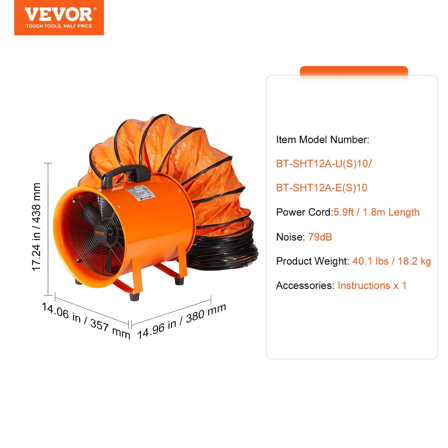 VEVOR Air Mover Blower Fan 12 Inch, 3198CFM 585W with 33ft Flexible Duct, Industrial Portable Ventilator Blower/Exhaust, Orange