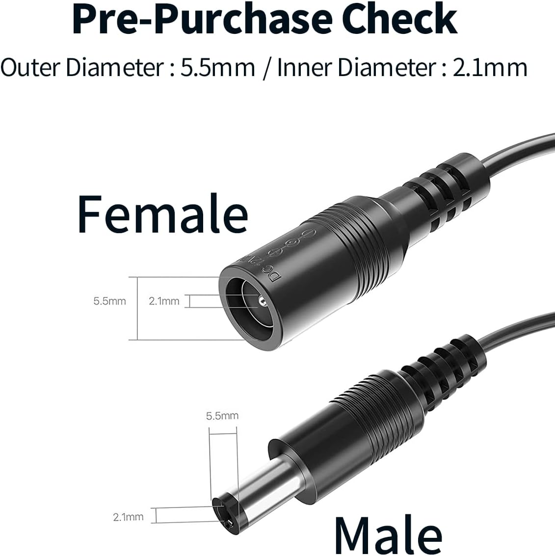 2 Pack 3.3FT 1M 5.5 mm 2.1 mm 5521 12V Tonton DC Power Extension Cable x Male to Female DC Adapter Cord Compatible