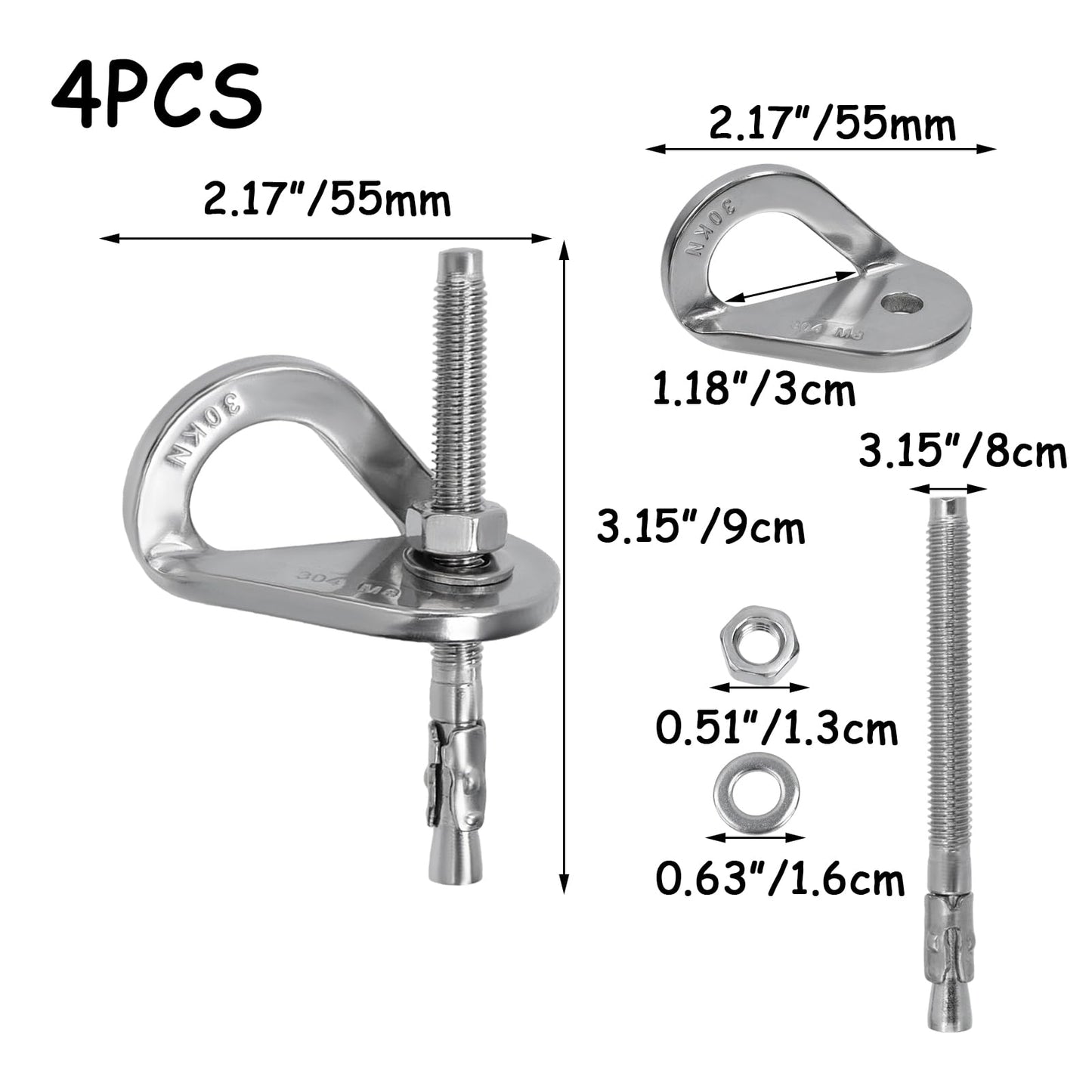 HEVSTIL 4-Pack Bolt Hanger for Climbing – 30kN Stainless Steel Rock Anchor Hanger for 8mm (1/3") Bolts for Rock Climbing, Mountaineering