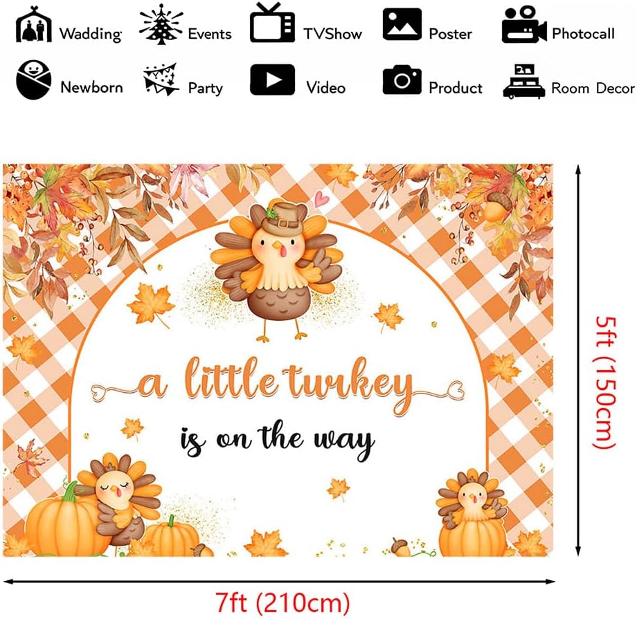 AIBIIN 7x5ft Thanksgiving Baby Shower Backdrop A Little Turkey is On The Way Party Banner Fall Turkey Pumpkin Baby