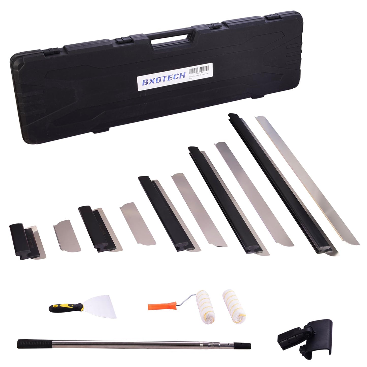 BXGTECH Drywall Tools Skimming Blade with Extension Handle - 10", 14", 24"& 32" 40" Blades with 2 Pack 0.3 mm Blades, Construction Tools End Caps, with Outer Box, Drywall Roller,Taping Knife