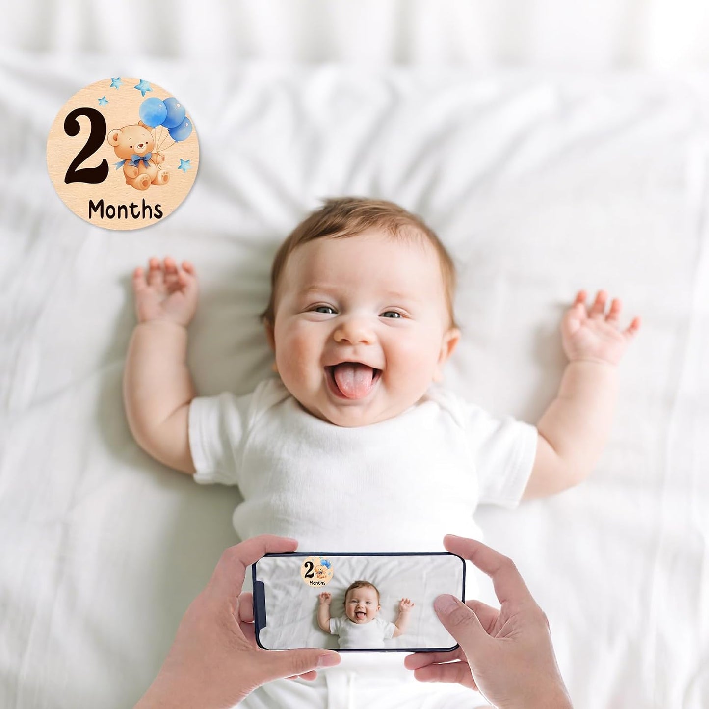 13 Props(0-12 Baby Monthly Milestone Cards - Double-Sided Wooden Milestone Signs Discs with Bear & Star Designs, Little