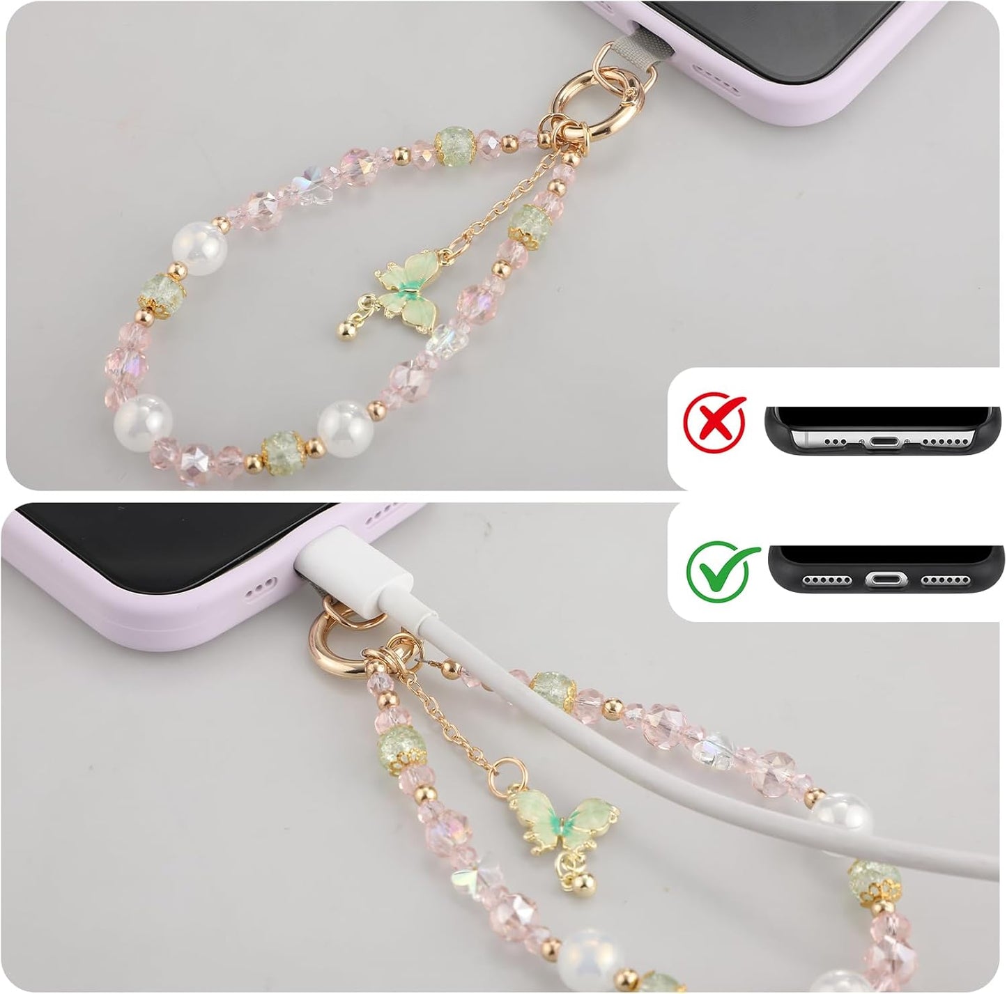 2 BESARME Pcs Phone Charm Wristlet with Crystal Beads and Butterfly Pendant, Includes Tether Tab for Easy Attachment