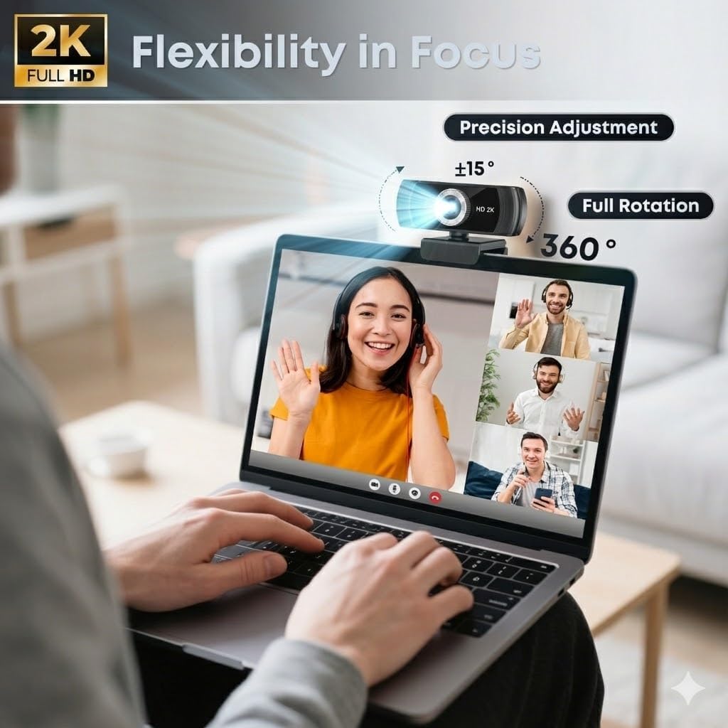 Shcngqio 2K Webcam with Microphone, Privacy Cover, Wide-Angle Lens, Auto Light Correction, Plug & Play USB Webcam
