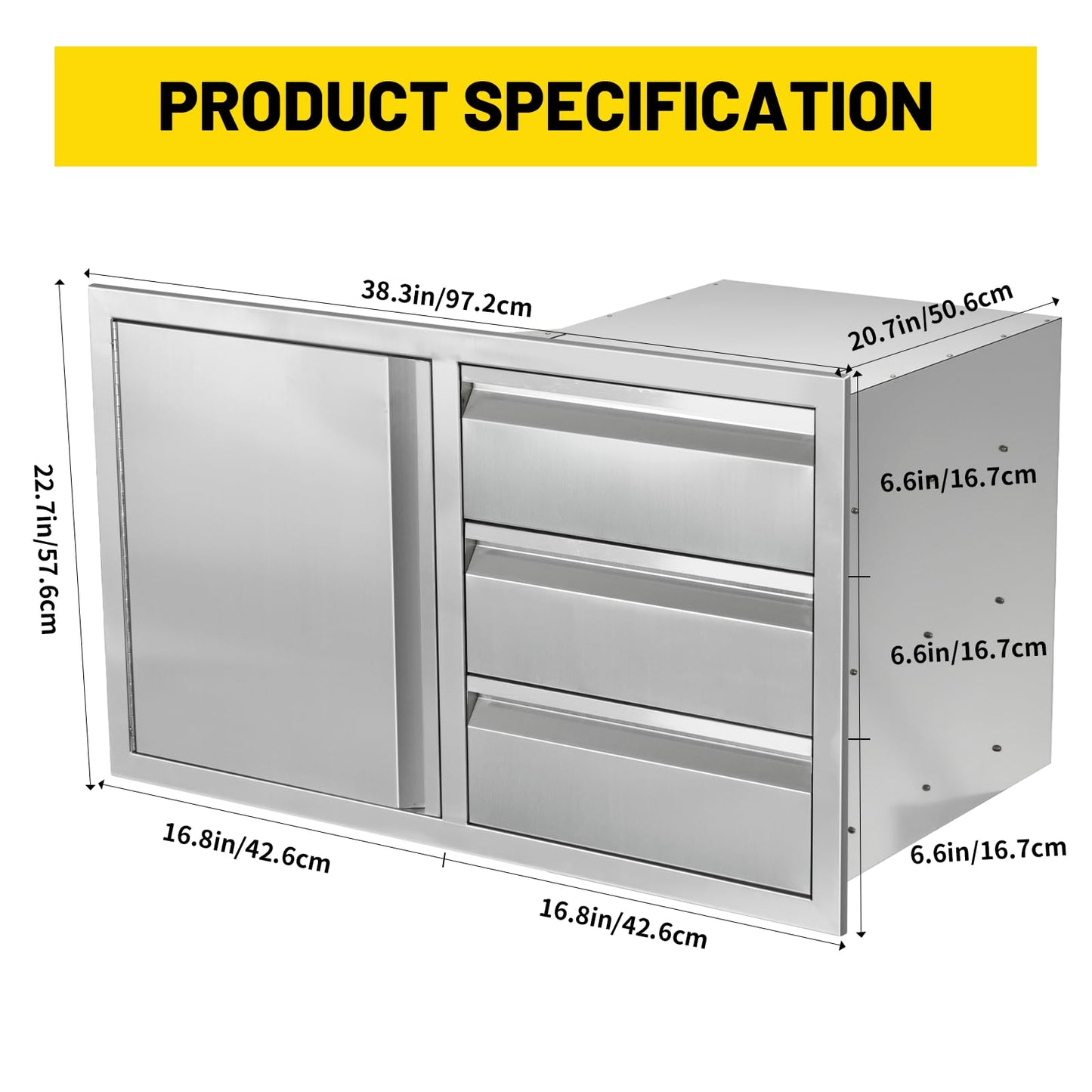 SGOLAN Outdoor Kitchen Door Drawer Combo Cabinet 38.1W x 22.6H x 20.8D BBQ Access Door&Triple Drawers Combo, Stainless Steel Handles for Outdoor Kitchen Island
