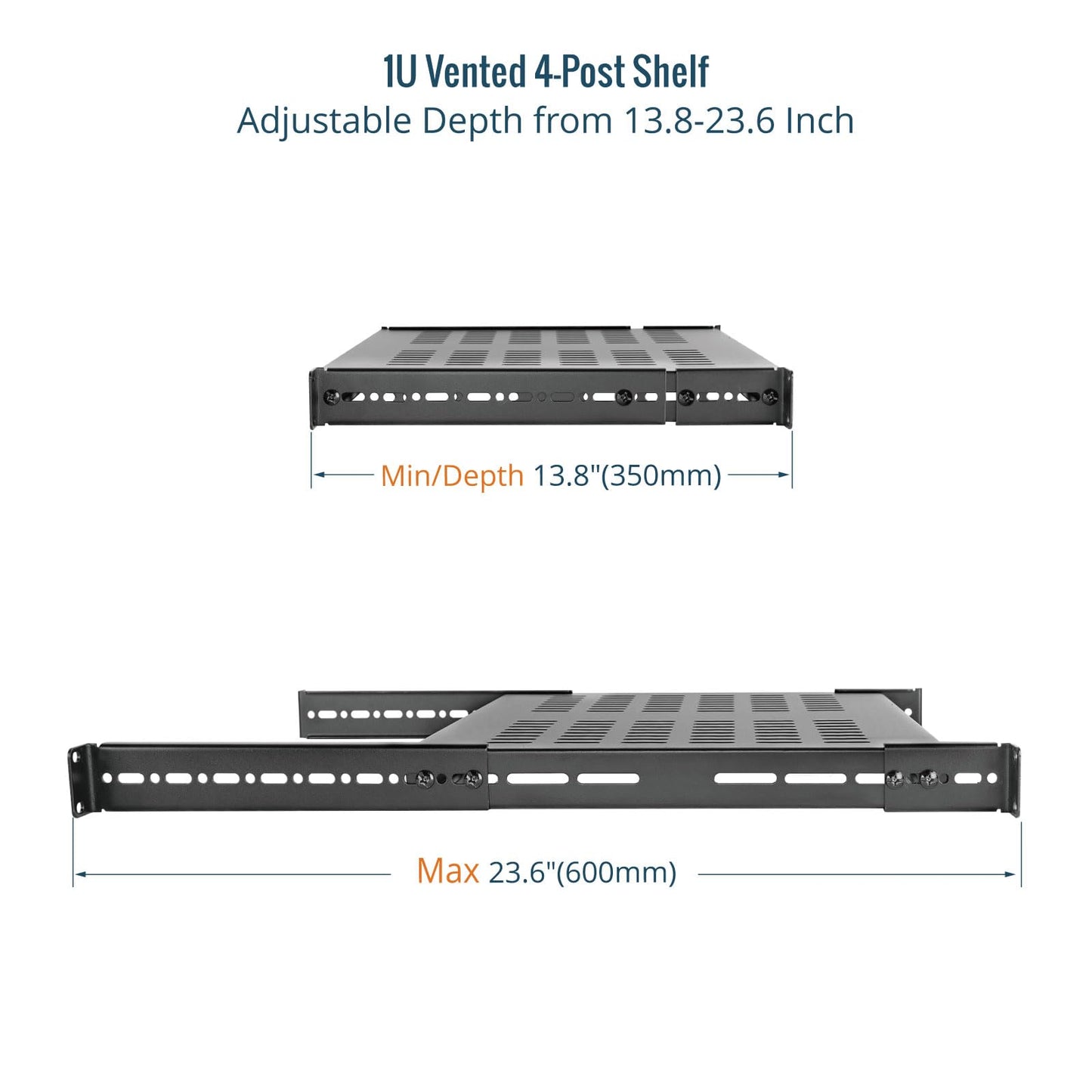 Tecmojo 1U 4-Post Vented Server Rack Mount Shelf,13.8in Deep with Adjustable Depth 13.8-23.6inch,Supports to 242 lbs,Universal Tray for 19 Inch AV/Network Equipment Rack,Black