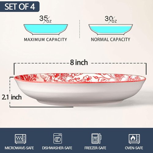Artena Pasta Bowls Set - 4 Colorful 26oz Porcelain Serving Bowls | 8 Inch Microwave & Oven Safe Red Rose