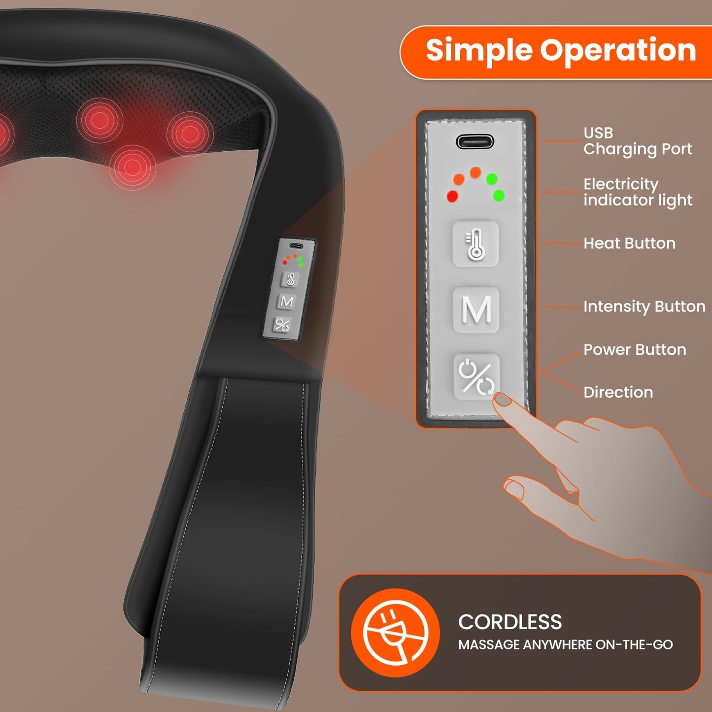 AMZPONY® Cordless Neck Massager for Pain Relief Deep Tissue, Rechargeable Shiatsu Neck and Back Massager with Heat Kneading Shoulder Massage for Body Muscle Pain Relief,Gifts for Mom Dad Friends