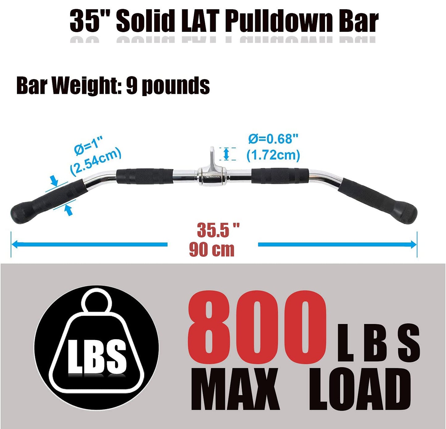LAT Bar Cable Attachment with Rubber Handgrips, Deluxe Heavy Duty Solid Curl Bar Revolving Hanger Home Gym Cable Attachments (35.5 in Lat Bar)