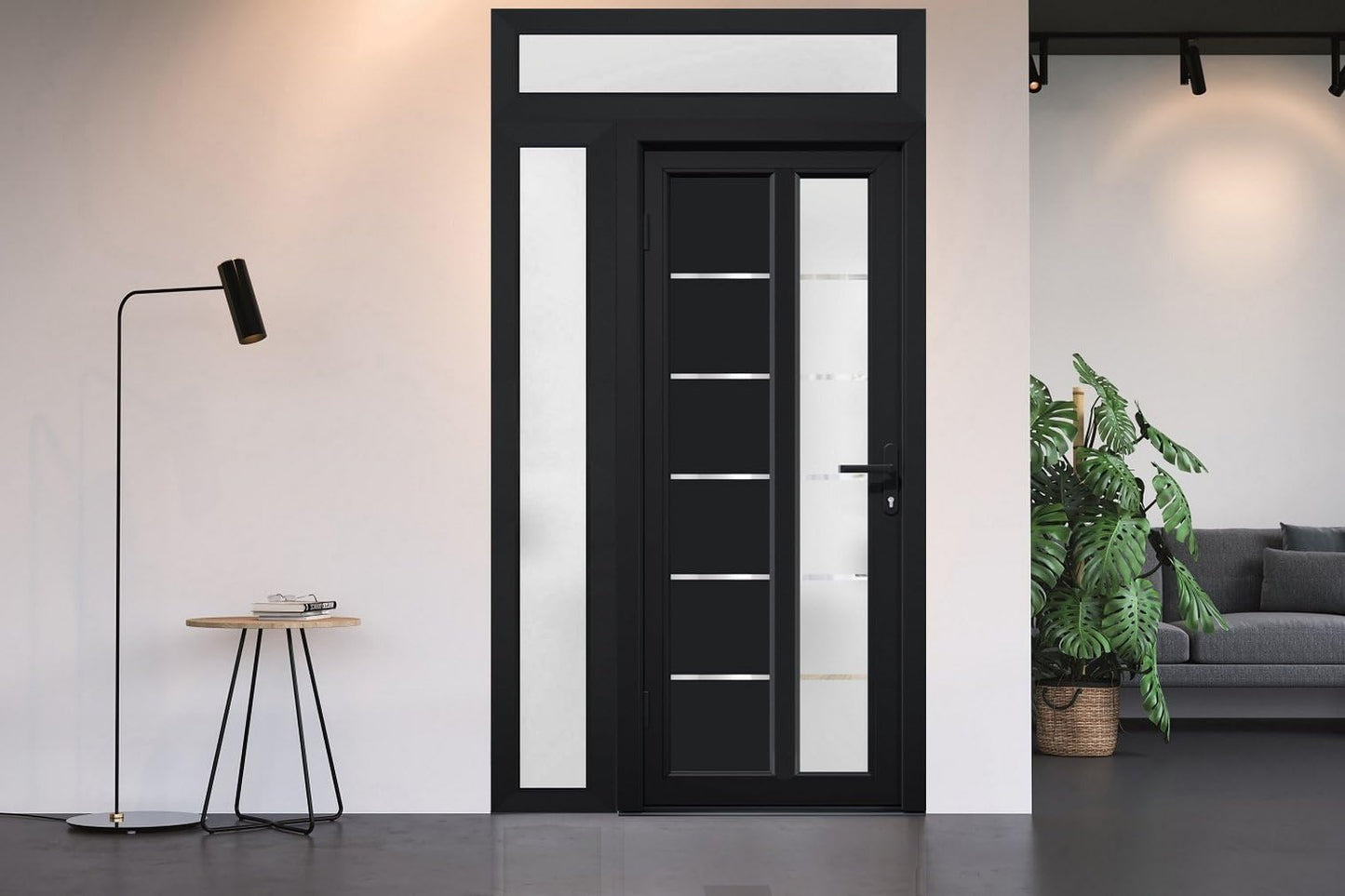 VDOMDOORS Front Exterior Prehung Fiberglass Door Frosted Glass/Manux 8088 Matte Black/Side and Top Exterior Window/Entrance Patio Garage-W30+16" x H80+14"-Right-Hand Inswing