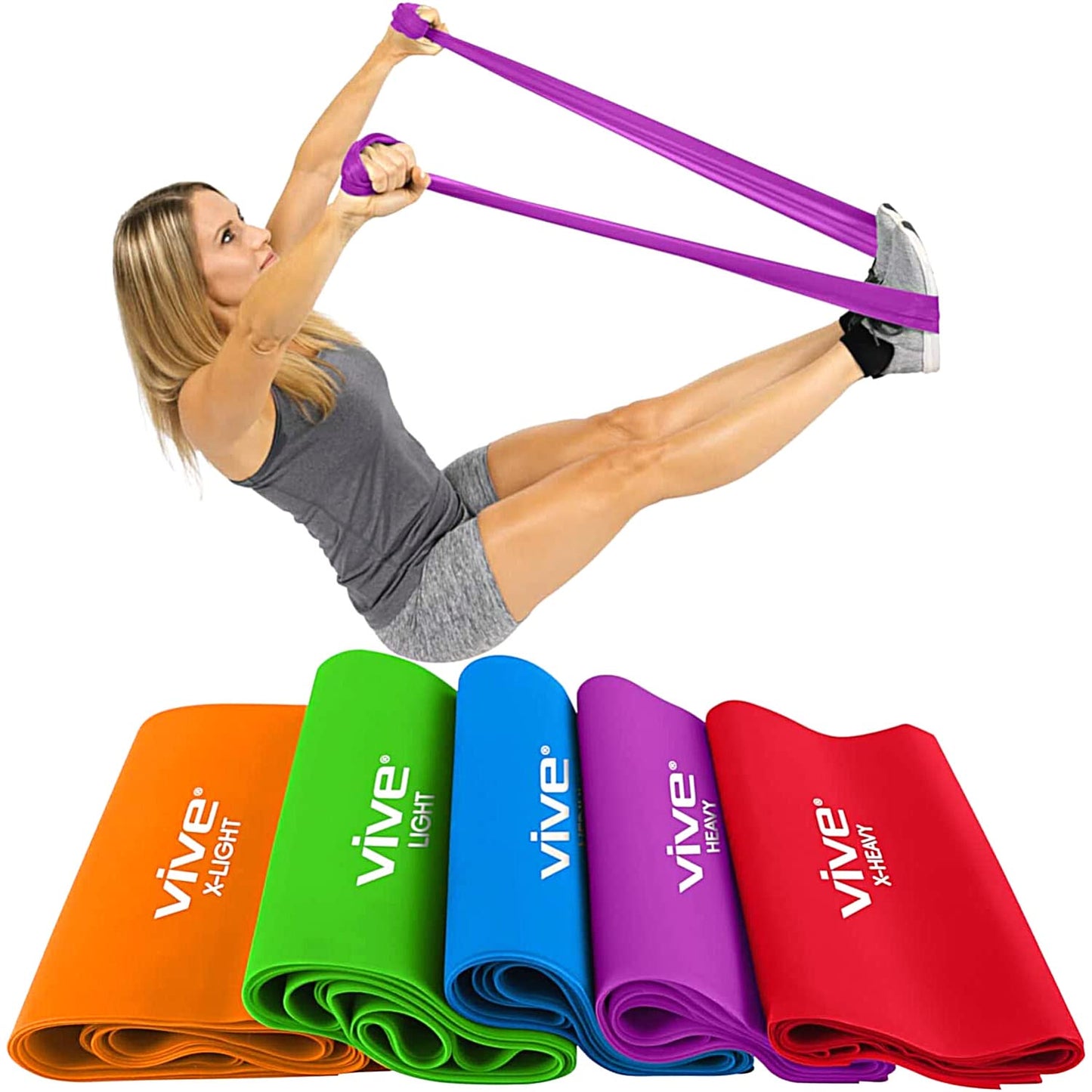 Vive Resistance Bands for Working Out (5 Pack) - Exercise & Workout Resistance Kit - Stretch, Elastic Loop Bands for Physical Therapy, Pilates, Yoga & Gym, for Men & Women (Flat)