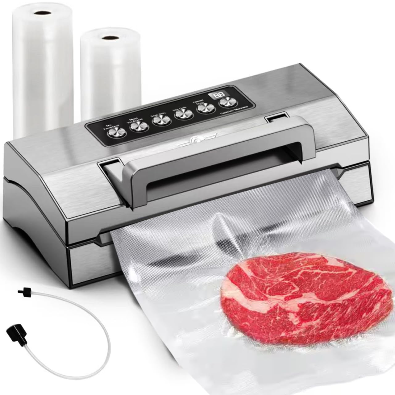 Precision Food Vacuum Sealer Machine, POWOT Fully Automatic Vacuum Sealing System, Commercial Food Vacuum Saver Pro, Double Heat Seal, Easy-Lock Handle, Built-in Cutter&Bag Storage, Hose&Bag Rolls