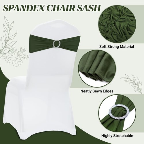 MDS Spandex Chair Sashes - 125 Pack of Olive Green Elastic Stretch Ties for Weddings & Events
