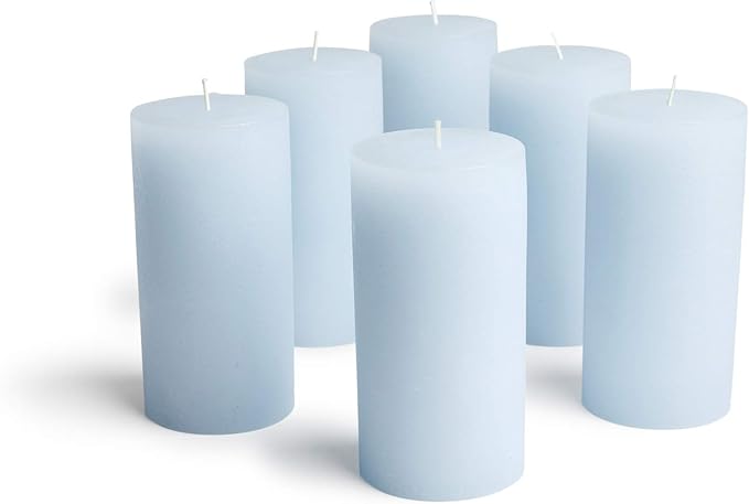 Mottled Pillar Candles by Bask - Set of 6-3" x 6" Dripless Unscented Candles in Light Blue for Home Decor, Relaxation & All Occasions