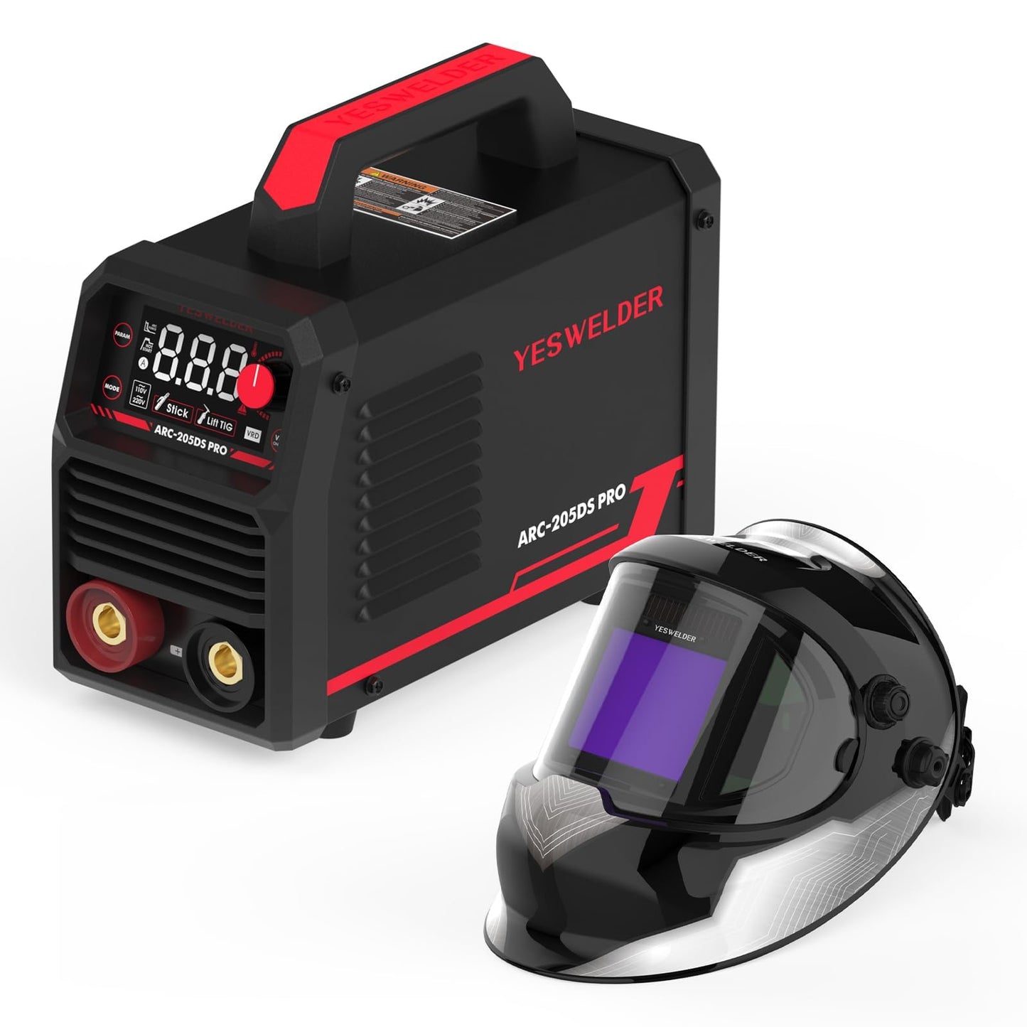 YESWELDER Stick Welder 205Amp Large LED Display Digital Inverter IGBT Welding Machine & Large Viewing True Color Solar Powered Auto Darkening Welding Helmet with Side View