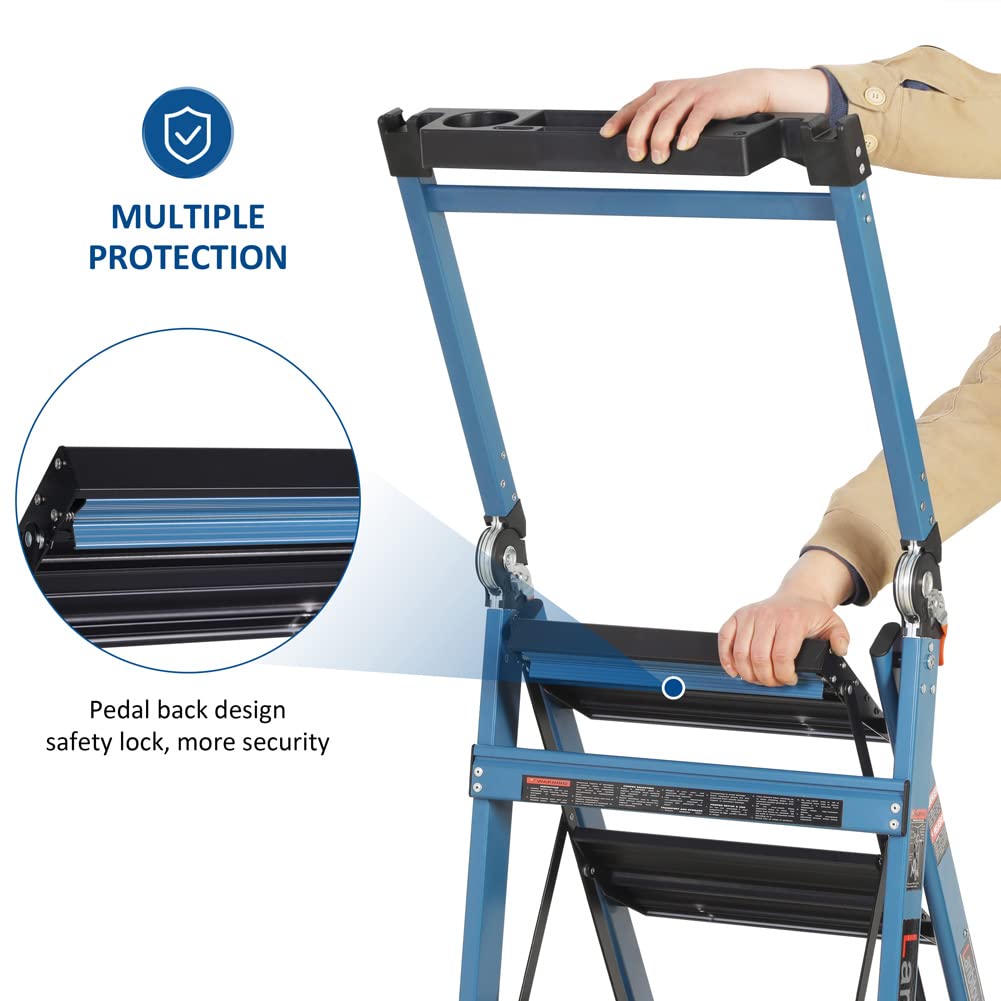 Ladder Pro 3 Step Ladder with Handrails, Aluminum Heavy Duty Ladder, Wide Step & Anti-Slip Feet, Lightweight Portable, Folding Storage Ladders for Home Family Indoor RV Kitchen