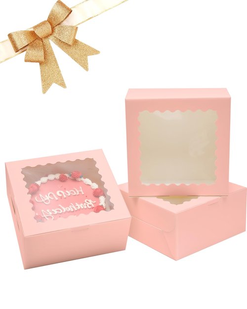 Bakepacker 8x8x5 Inches 36pcs Matte Pink Cake Boxes with Window 18-Packs (18 Boxes +18 Cake Boards Included)