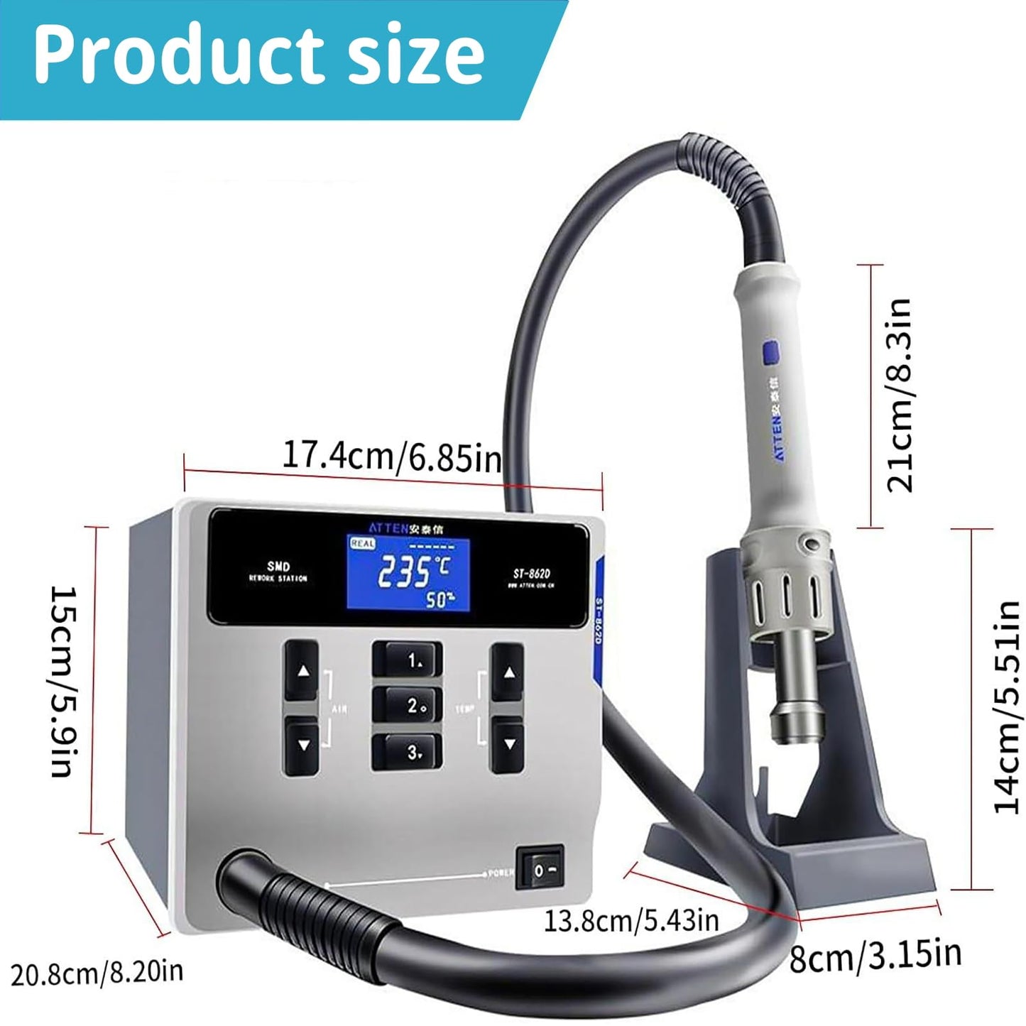 Hot Air Rework Station, ATTEN ST-862D 1000W Hot Air Station, Hot Air Soldering Station of the Desoldering Gun can be used for BGA Chip Soldering, Repair Digital, Air Volume Adjustment Range 1-120