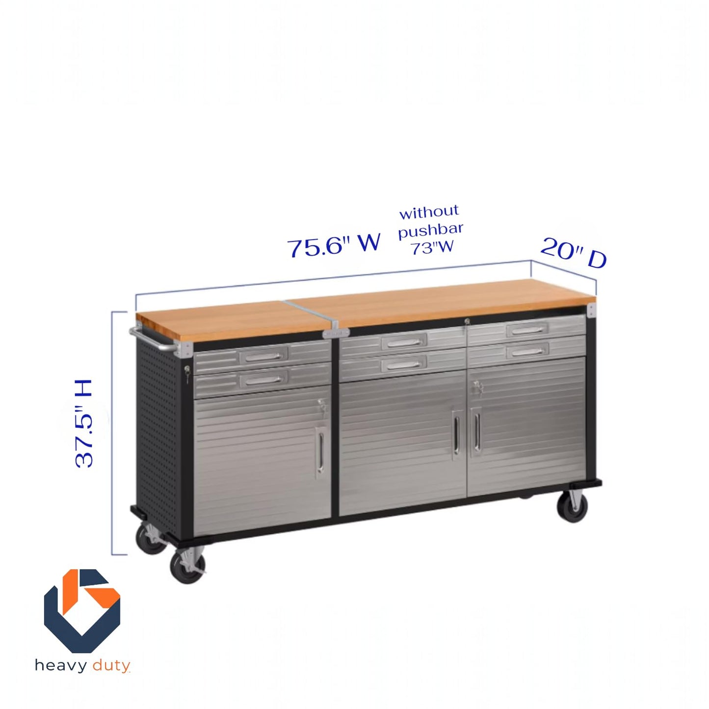 Heavy Duty 6-Drawer Rolling Work Center with Wood Top, Mobile Workbench with Storage, Steel Construction, 75.6" W x 20" D x 37.5" H, Tools Organized Station.