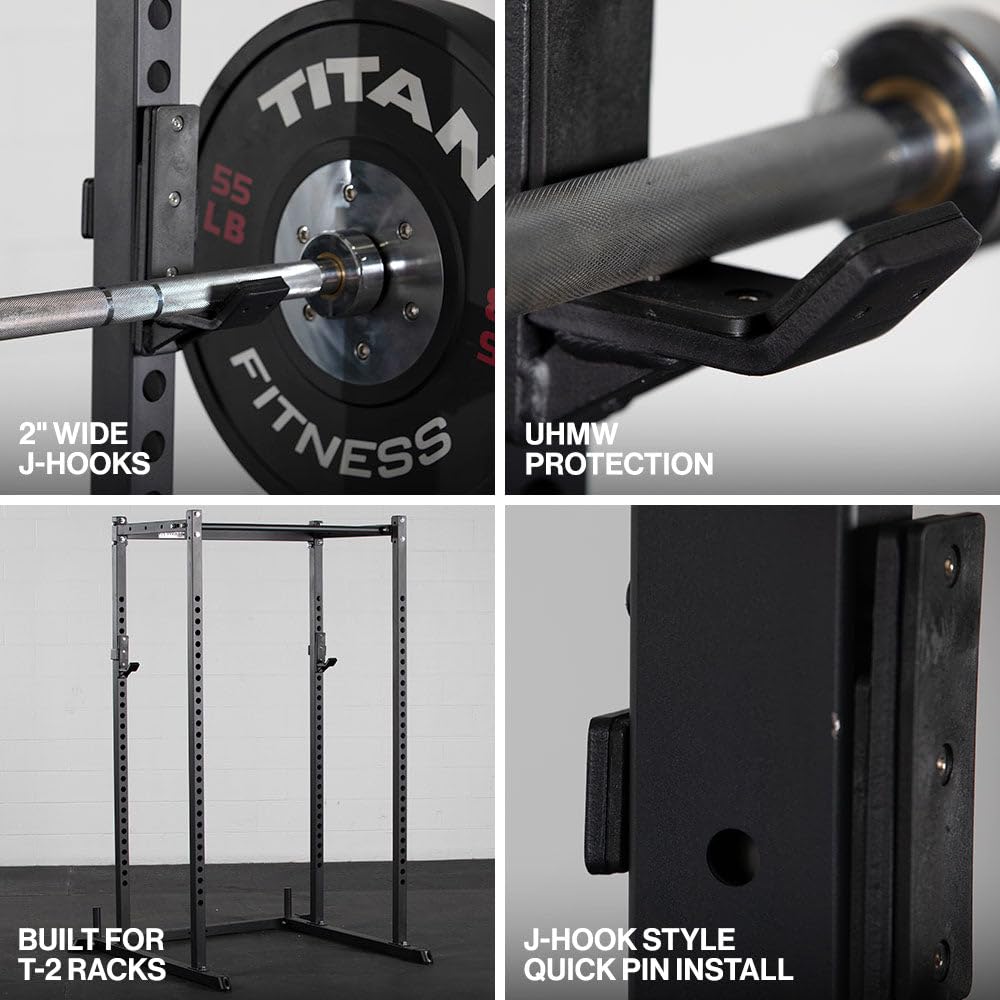 Titan Fitness T-2 Series Power Rack J-Hooks, 1000 LB Capacity, Fits 2" x 2" Rack Uprights with 26mm Holes, UHMW Protective Liners, Barbell Holder for Squat & Bench Press